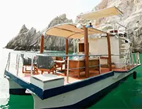 Mid-sized catamaran equipped with shaded areas and ample seating for a small group